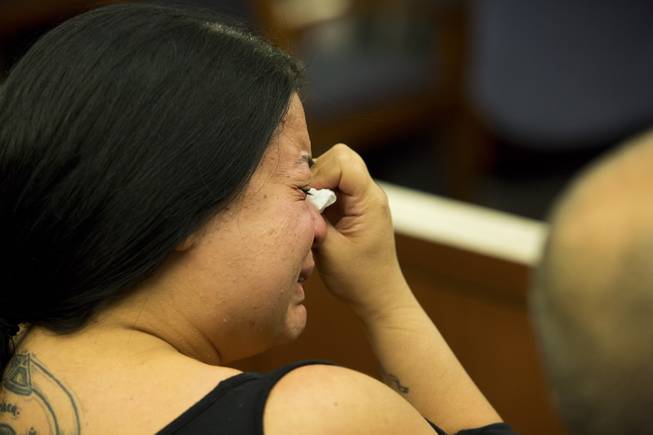 Sumer Hemming, sister-in-law to Misty Madera, reacts during a bail hearing for Sarah Anne Chavez on Friday, Nov. 15, 2013. Chavez, 22, is facing a first-degree murder charge in the stabbing death of Misty Madera, 30, outside Champagnes Cafe, 3557 S. Maryland Parkway, on Tuesday, Nov. 12, 2013.